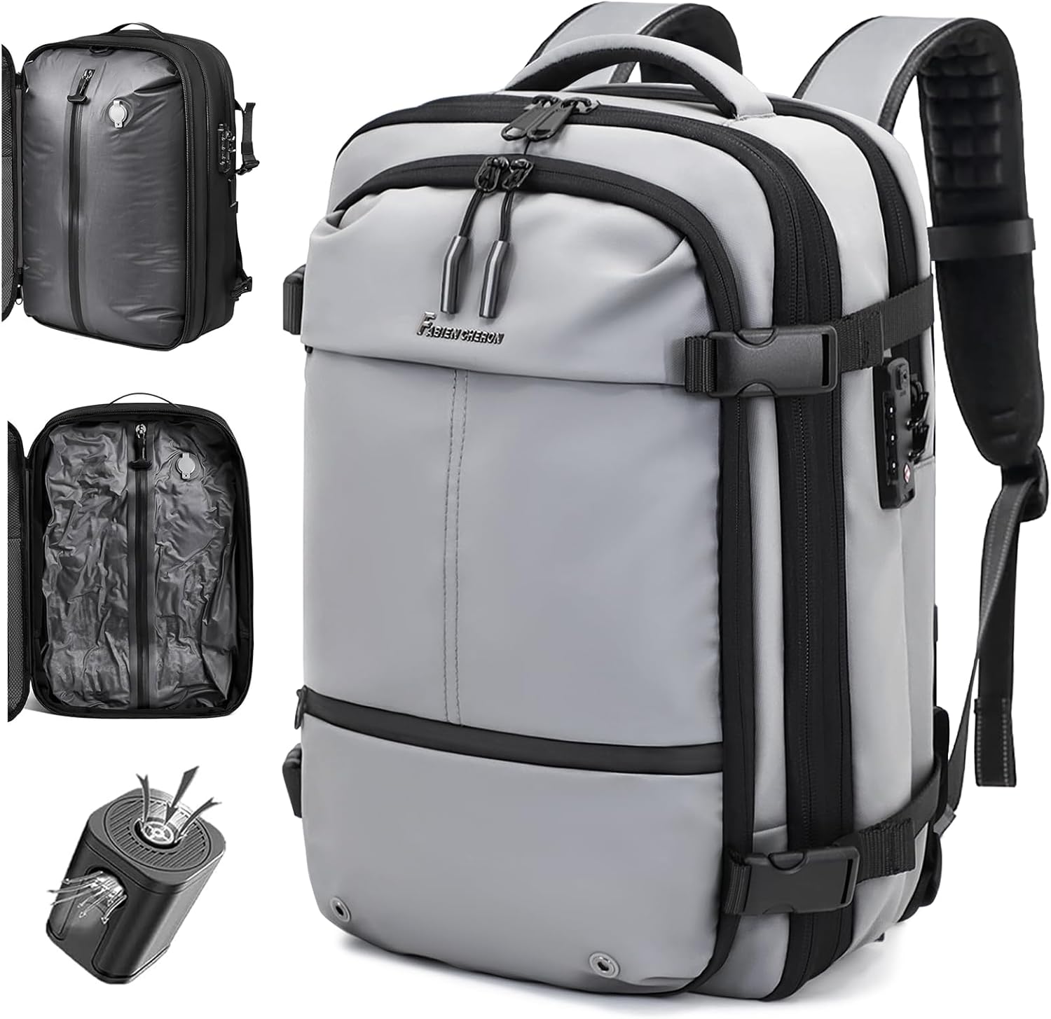 Travel Backpack with Vacuum System,60L Expandable Vacuum Backpack Travel with TSA Lock,17.3 inch Laptop Backpacks Vacpack Backpacks with Vacuum(Grey,External Air Pump)