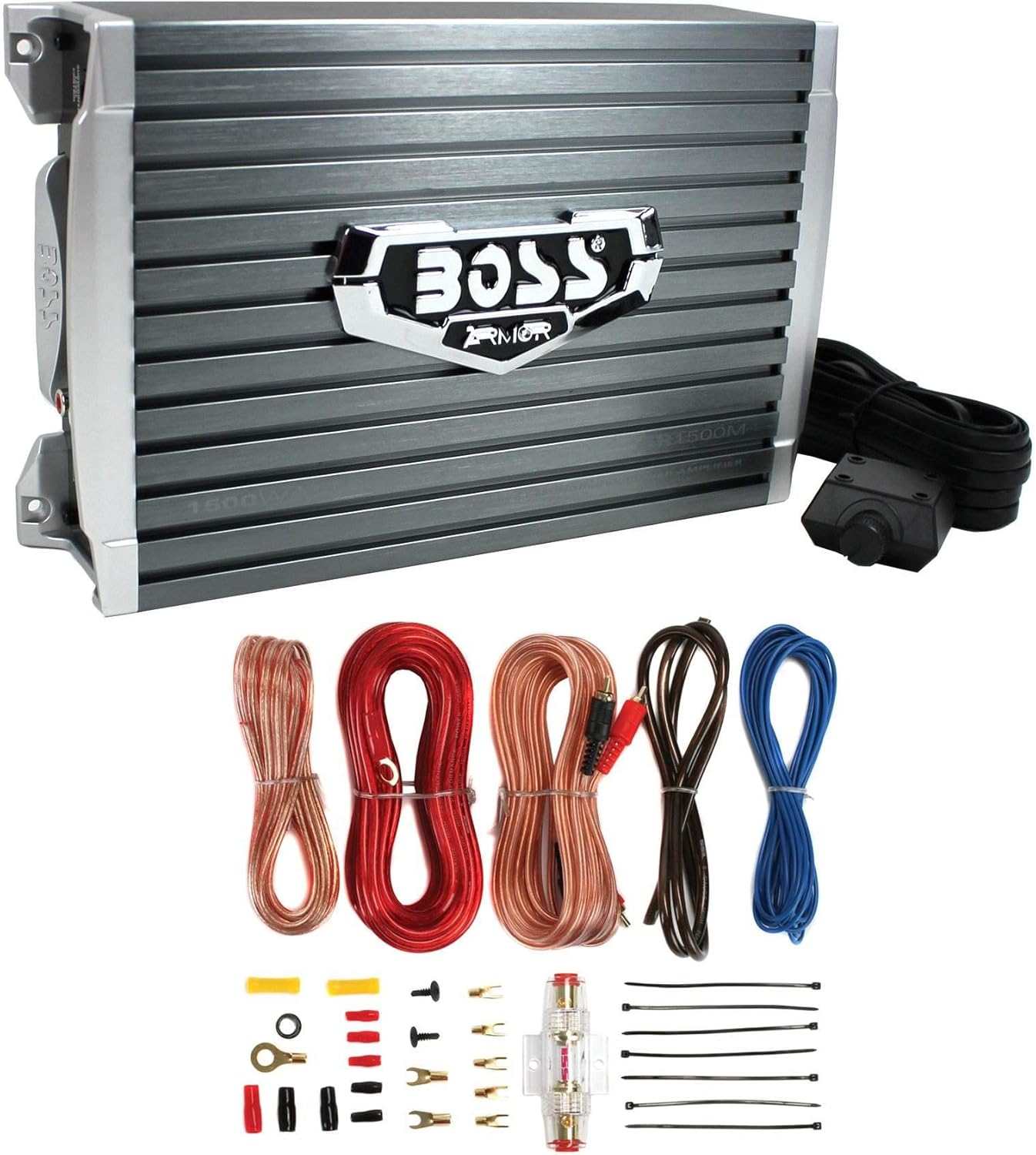 Boss AR1500M Armor Series 1500 Watt Monoblock Class A/B Car Amplifier with Remote Subwoofer Control and AKS8 Amplifier Installation Wiring Kit