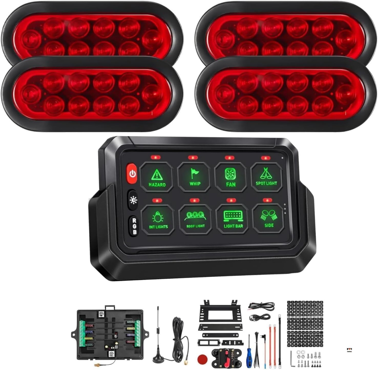 Partsam RED Oval Tail Lights+Wireless RGB 8 Gang Switch Panel
