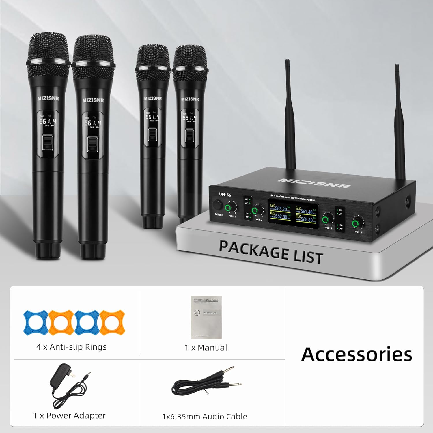 UHF Wireless Microphone Systems, 4 Channels Cordless Handheld Dynamic Karaoke Mic Set, Auto Connect 300ft Range Transmission for Singing, Karaoke, DJ Party, Church, Wedding, PA Speaker