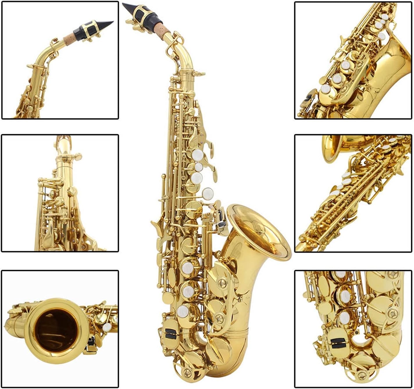 Brass Golden Carve Pattern Bb Bend Soprano Saxophone Sax Pearl White Shell Buttons Wind Instrument with Case Student Saxophone