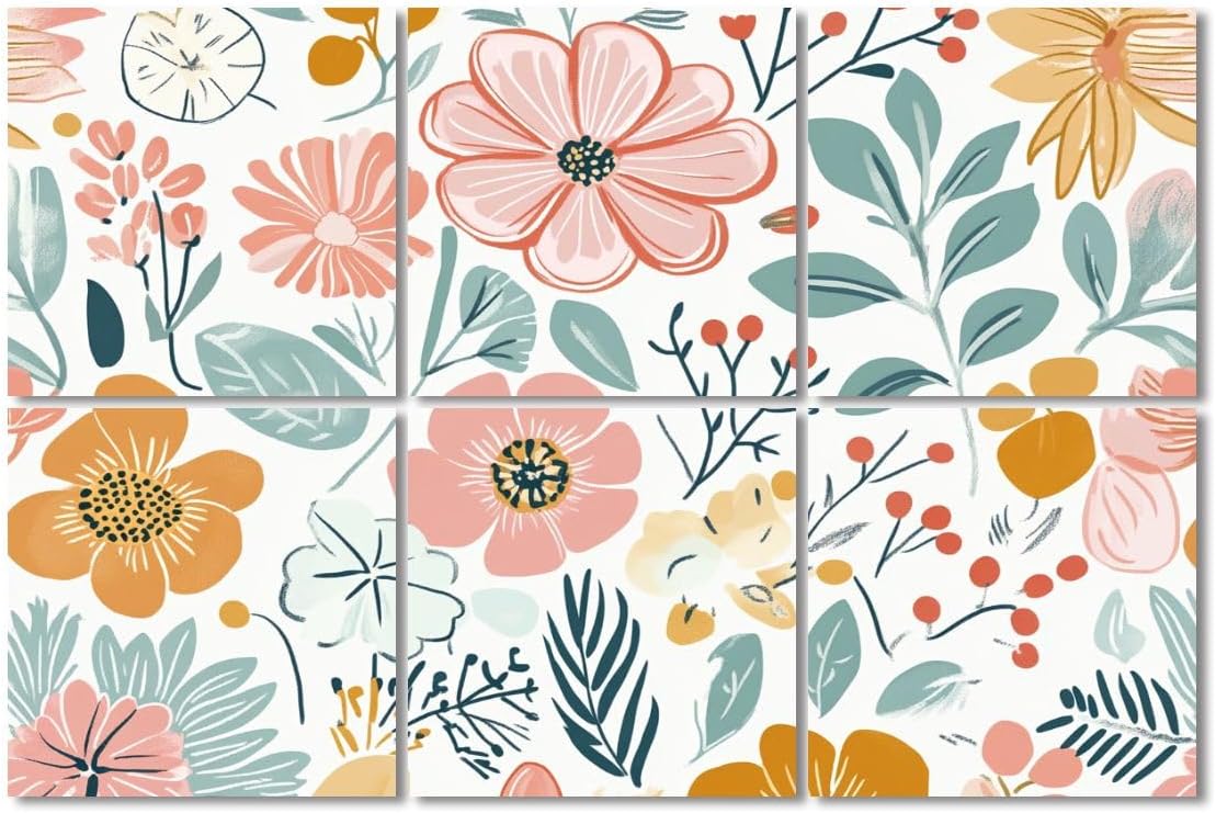 6 Pack Art Acoustic Panels Sound Absorbing Floral Boho Pink Motifs Leaves Petals Branches Pastel Tones Hand drawn Decorative Soundproof Wall Panels Self Adhesive for Recording Studios Office 72