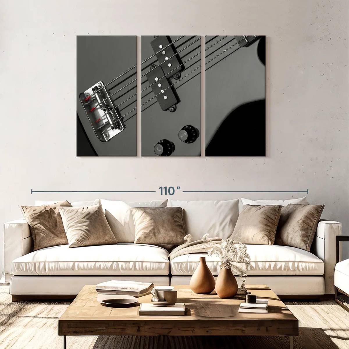 ElephantStock - Bass Guitar Wall Art - Horizontal Multi Panel Canvas - 3 Piece Living Room Wall Decor - Photography Music Multi Piece Wall Art - Gray And Black Decor - 74