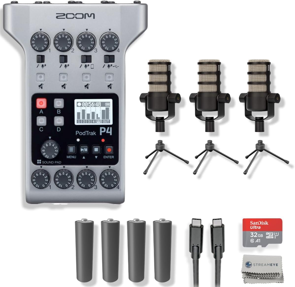 Zoom PodTrak P4 Portable Podcast Recorder with 3x Rode Podmic Dynamic Podcast Microphone and Essential Podcast Accessories