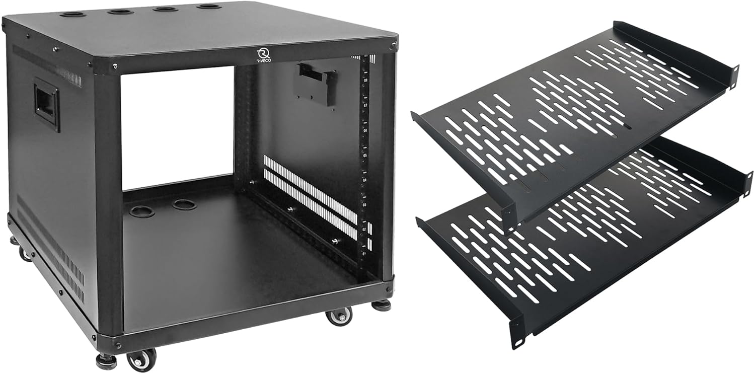 RIVECO 9U Stereo & Server Rack with Caster Wheels, Rolling Network Cabinet, Open Frame Rack for 19-inch Audio Video Music Recording & IT Equipment Lifting Handle & 1U 10