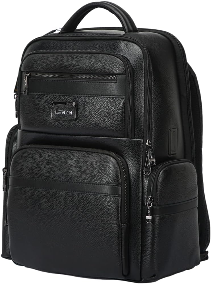 Durable Leather Laptop Business Backpack Perfect for Men & Women, Work Backpack Fits 15.6 Inch, Premium Quality Travel Bag with USB Charging Port, Water-Resistant, Bookbag with Multiple Pockets