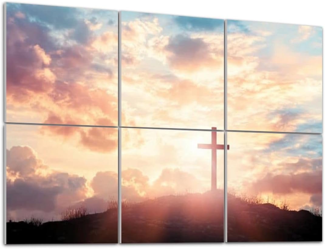 Art Acoustic Panels Self Adhesive Silhouette three Cross Crucifixion Christian top mountain sunlight 6Packs Decorative Soundproof Wall Panels Large Sound Absorbing Panels for Home Office 48