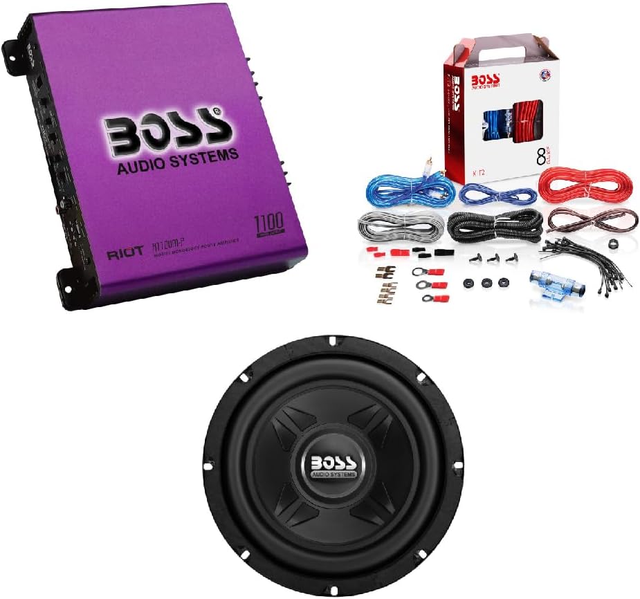 BOSS Audio Systems Monoblock Amplifier + 8 Inch Subwoofer + 8 Gauge Wiring Kit