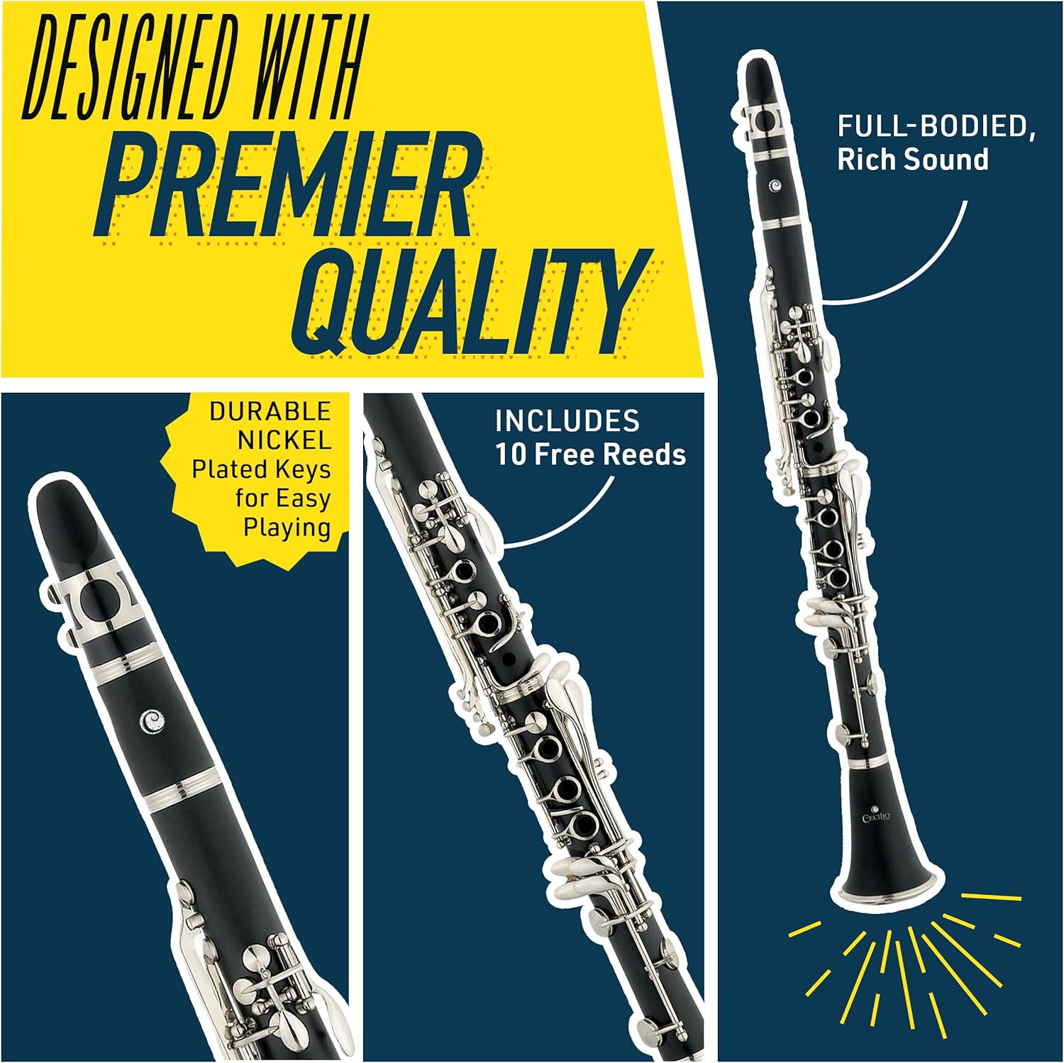 Mendini by Cecilio B Flat Clarinet for Beginner, Ebonite Bb Clarinet with 2 Replaceable Barrels, 10 Reeds, Stand, Pocketbook, Mouthpiece, Hard Case, Gloves (Black)