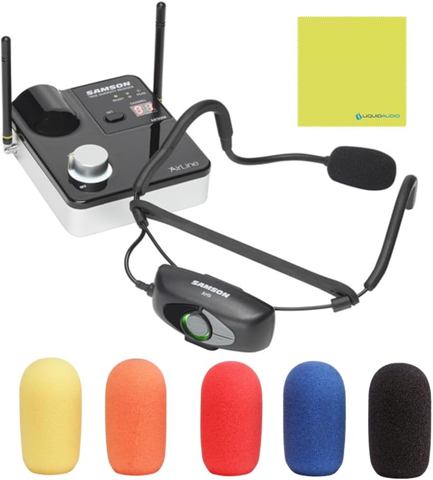 Samson Airline 99m Fitness Headset System, Black Bundle with Samson WS5E Windscreen 5-Pack & Polishing Cloth – Wireless UHF Headset Mic, K Band: 470–494 MHz