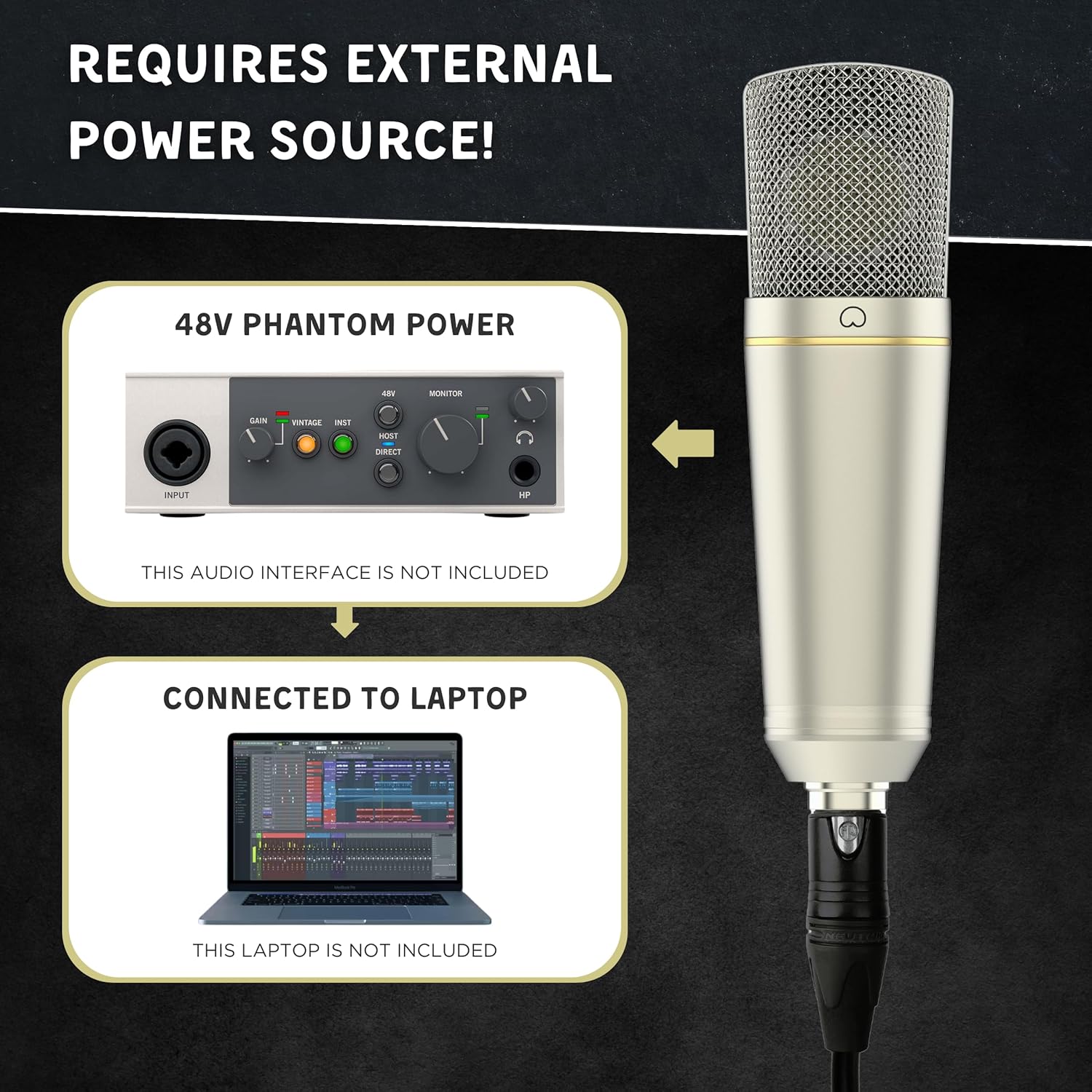 MA-67 Studio Condenser Microphone, 34mm Gold Large Diaphragm Capsule, Including Hydro Pop Filter, Metal Shock Mount, XLR Cable and Mic Bag - For Music Production, Vocal Recording and Podcasting