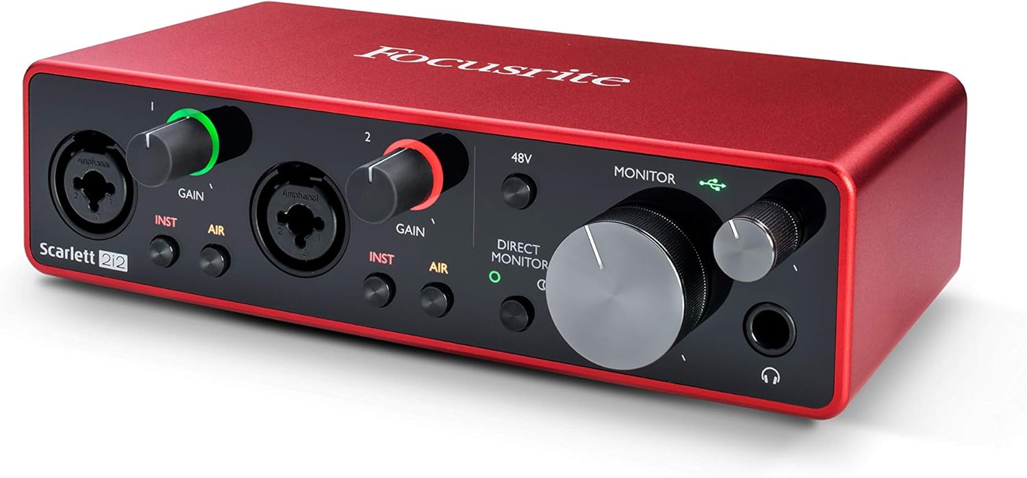 Focusrite Scarlett 2i2 Studio 3rd Gen USB Audio Interface and Recording Bundle with Monitors, Boom Microphone Stand, Microphone Cable, Pop Filter and Interconnect Cable (6 Items)