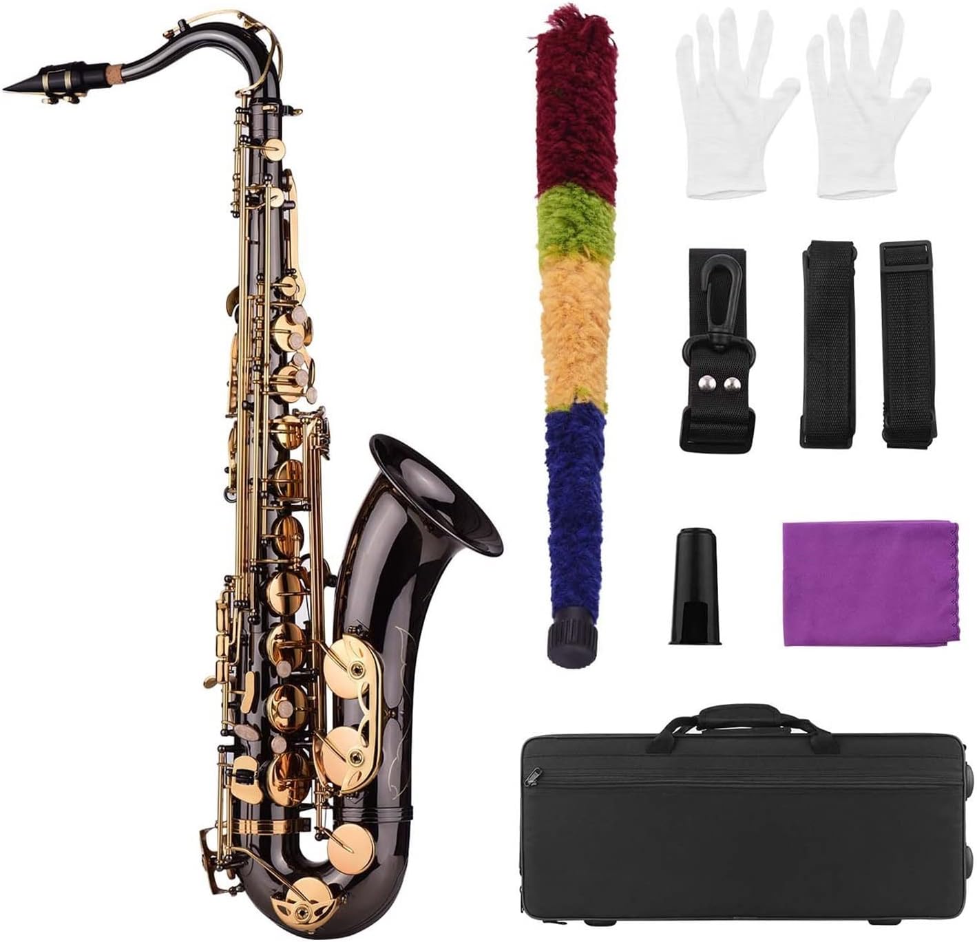KESHUO Bb Tenor Saxophone Sax Brass Body Black Nickle Plated Golden Keys Woodwind Instrument with Case Brush Sax Neck Straps Brass Sax Beginners Kit