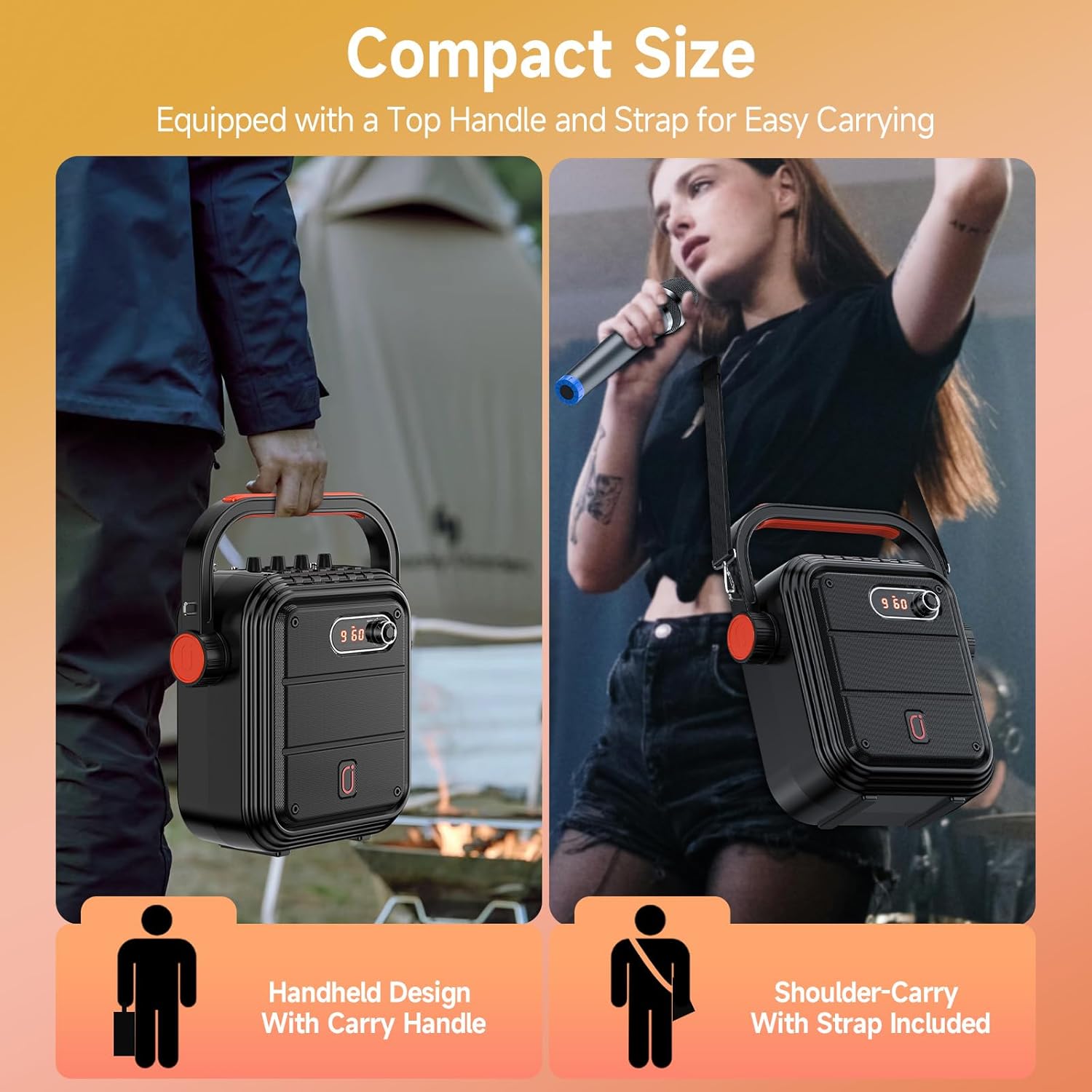 JYX Karaoke Machine with 2 Wireless Microphones, Portable Bluetooth Speaker PA System with Shoulder Strap, Subwoofer Support TWS, USB, Radio, AUX, REC, Bass&Treble for Home Party/Meeting/Adults/Kids