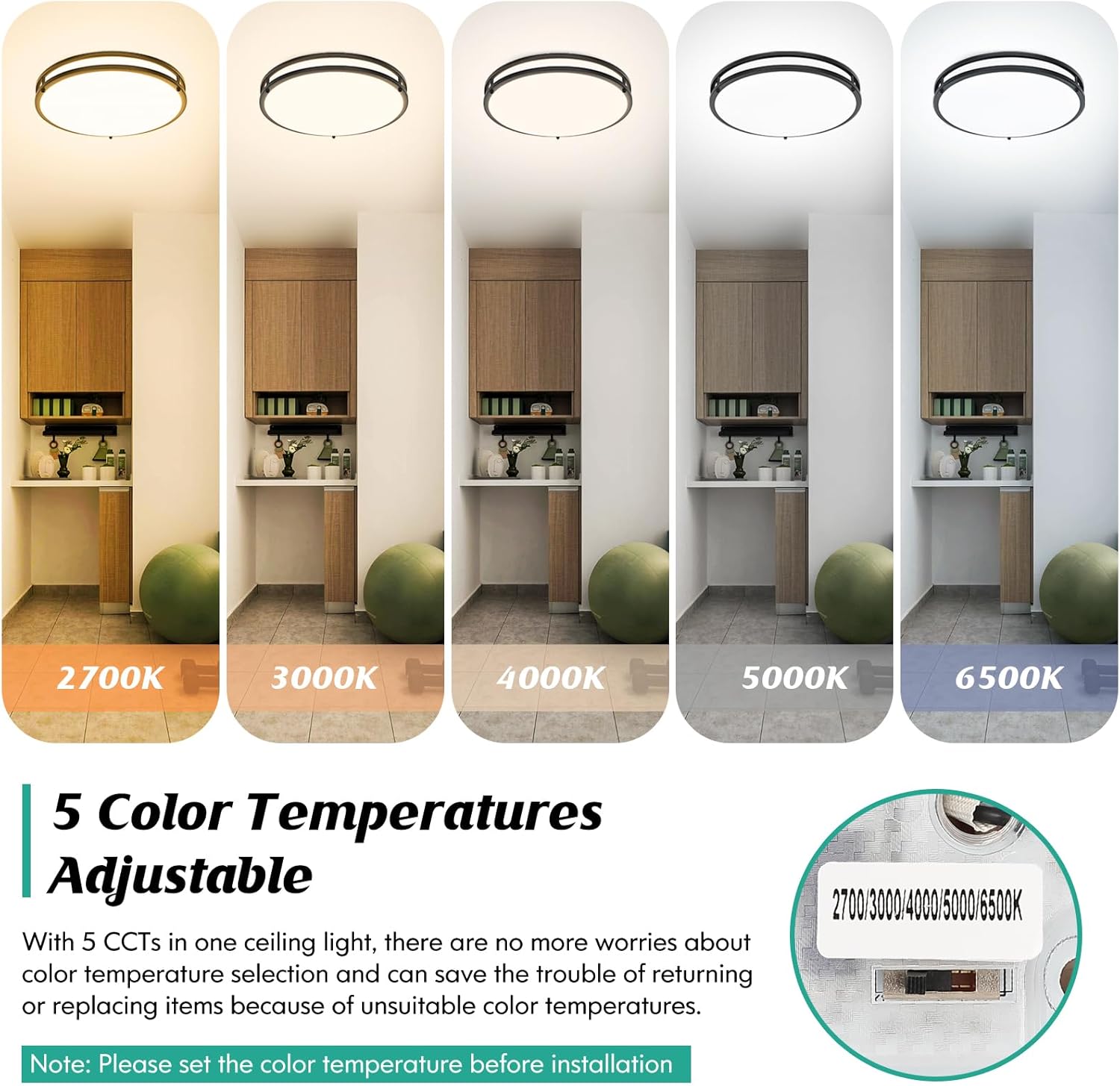 LED Flush Mount Ceiling Light Fixture, 18 Inch Dimmable 5CCT Selectable 2700K Warm White-6500K Super Bright Daylight White, 50W 6000LM Round Black Ceiling Lamps for Living Room Bedroom Kitchen, 1 Pack