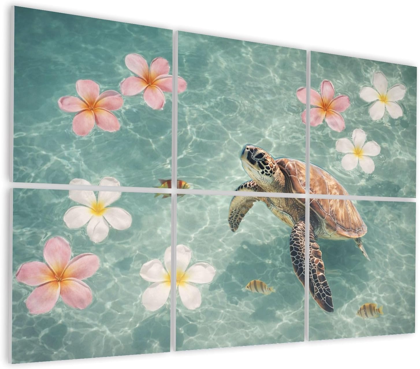 6 Pack Art Acoustic Panels Self Adhesive Sea Turtle Swimming Among Pink White Tropical Flowers Clear Water Decorative Soundproof Wall Panels Sound Absorbing Panel 48