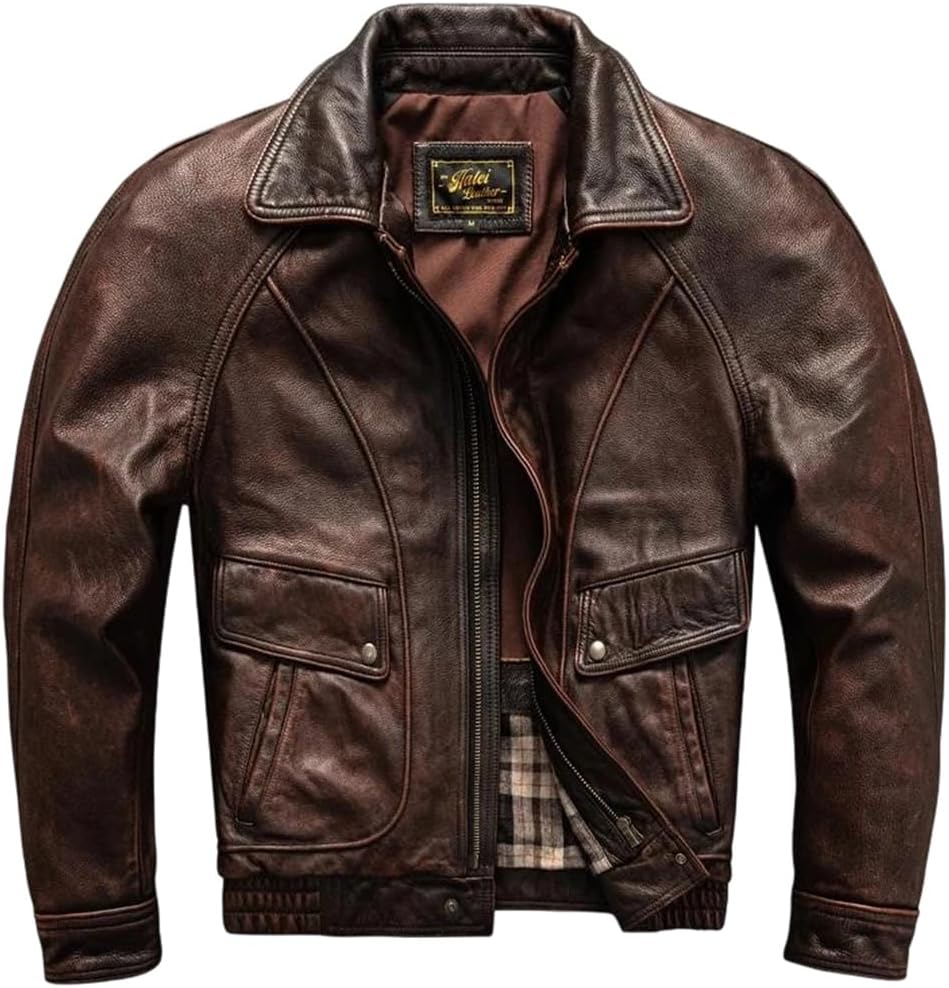 Men Vintage Genuine Natural Cowhide Turn-Down Collar Loose Red Brown Winter Leather Jacket Coat
