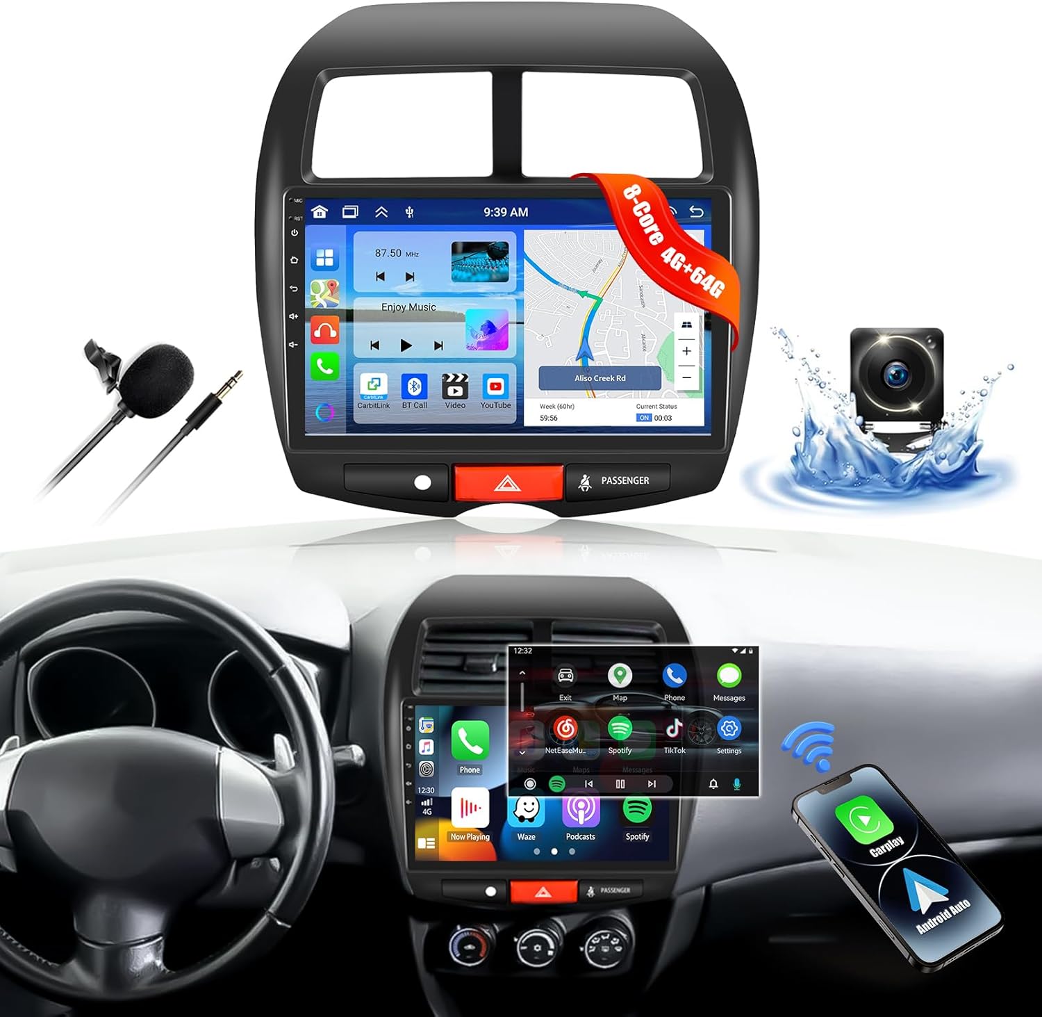 4G+64G Car Stereo with Apple CarPlay Android Auto for Mitsubishi Outlander Sport 2011-2017 Android 15 10.1