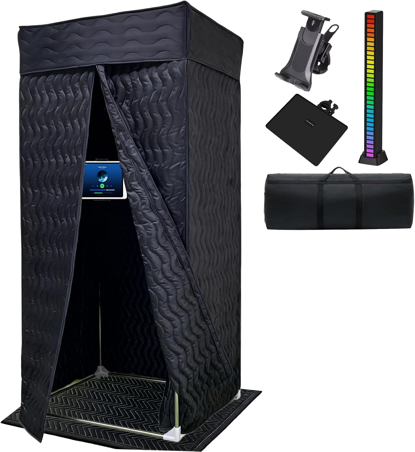 Portable Vocal Booth, Soundproof Recording Booth for Home Studio & Podcast, Recording Studio Equipment with Phone & Tablet Holder, Mixer Stand, Floor Mat & LED Lights