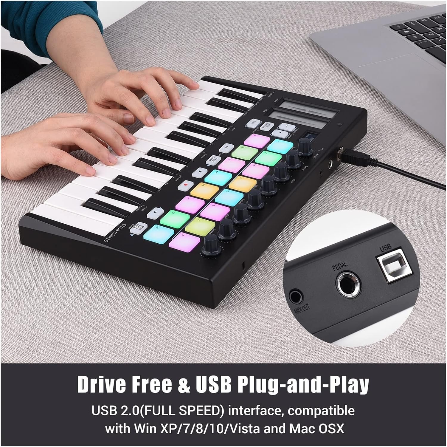 Keyboard Piano Portable 25-Key USB MIDI Keyboard Controller with 16 RGB Backlit Trigger Pads 8 Assignable Control Knobs