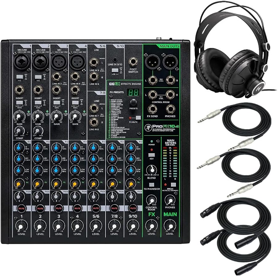 Mackie ProFX10v3 Unpowered 10-Channel FX USB Mixer Bundle - Includes Knox Gear TX-100 Closed-Back Studio Monitor Headphones, 1/4