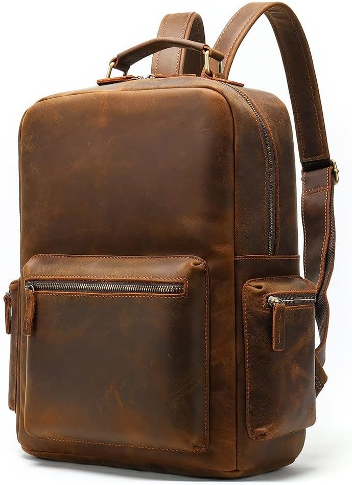 Genuine Crazy Horse Leather Backpack Vintage Large Capacity Travel Rucksack Multi Pocket Work Hiking Gift Box (Coffee)