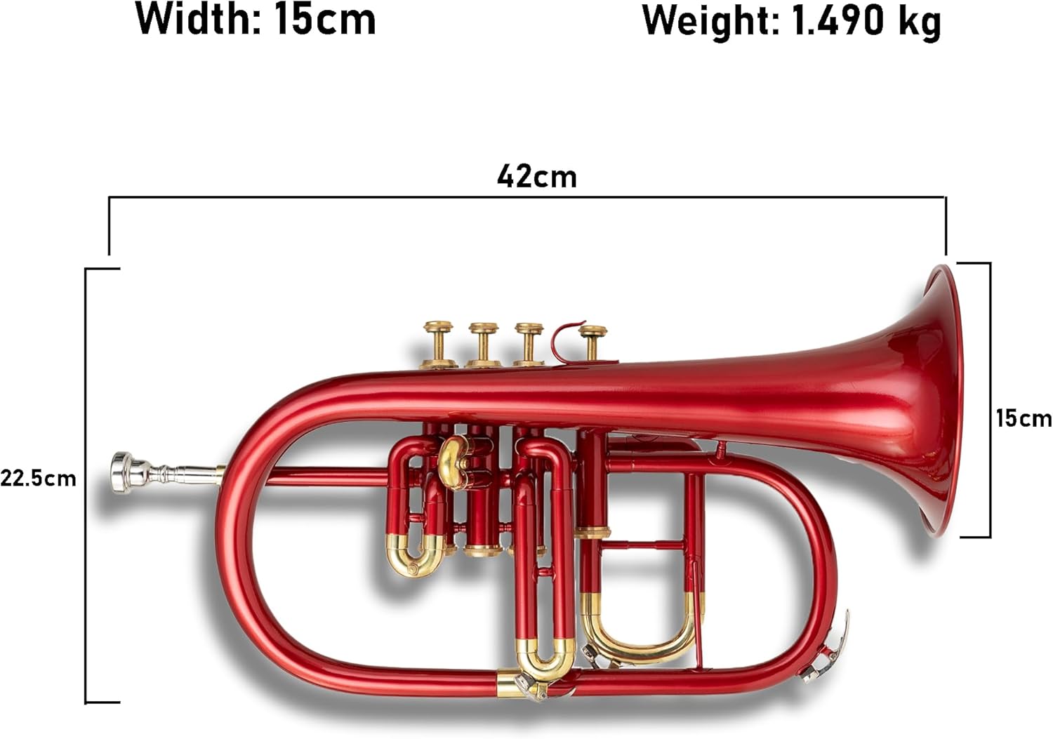 4-Valve Flugelhorn in Bb/F Pitch – Colored Finish with Mouthpiece & Case | Brass Flugel Horn for Jazz, Orchestras & Brass Bands, Red