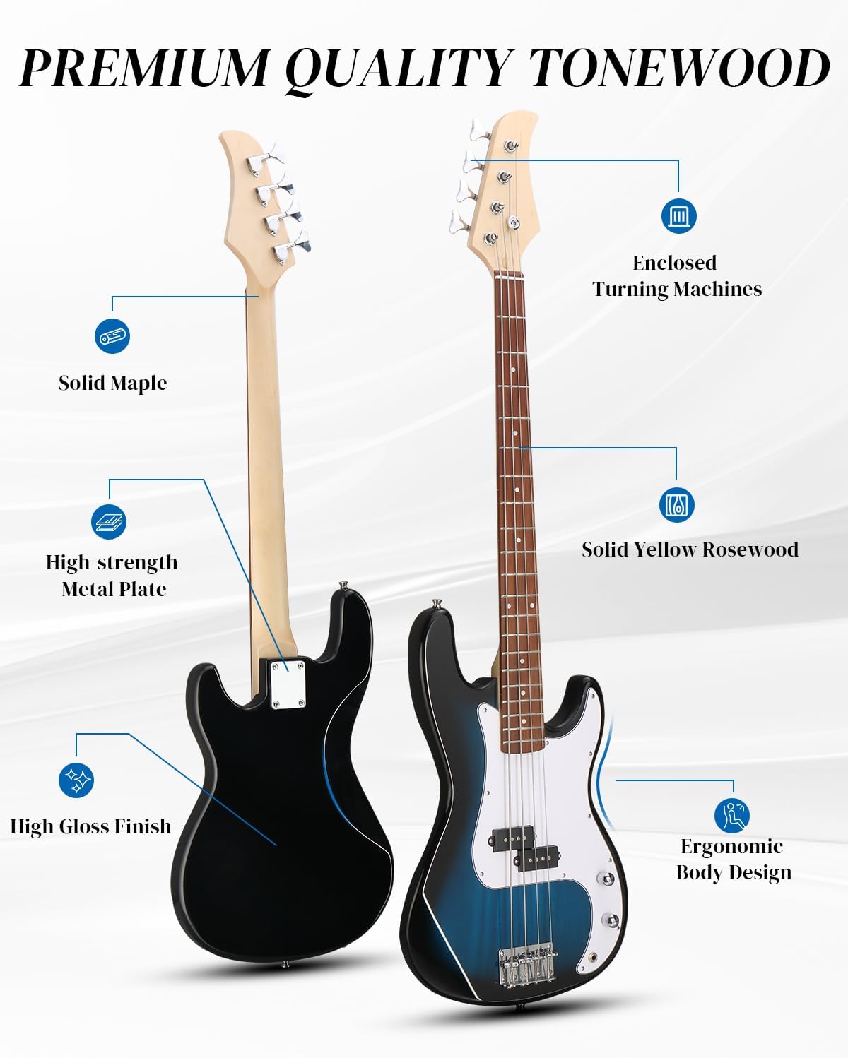 Ktaxon Electric Guitar 4 String Bass Guitar Kit with Paulownia Body, Solid Rosewood Fingerboard & Split Single-coil Pickups Includes 20W Amp, Cable, Strap, Pick and Wrench(Blue)