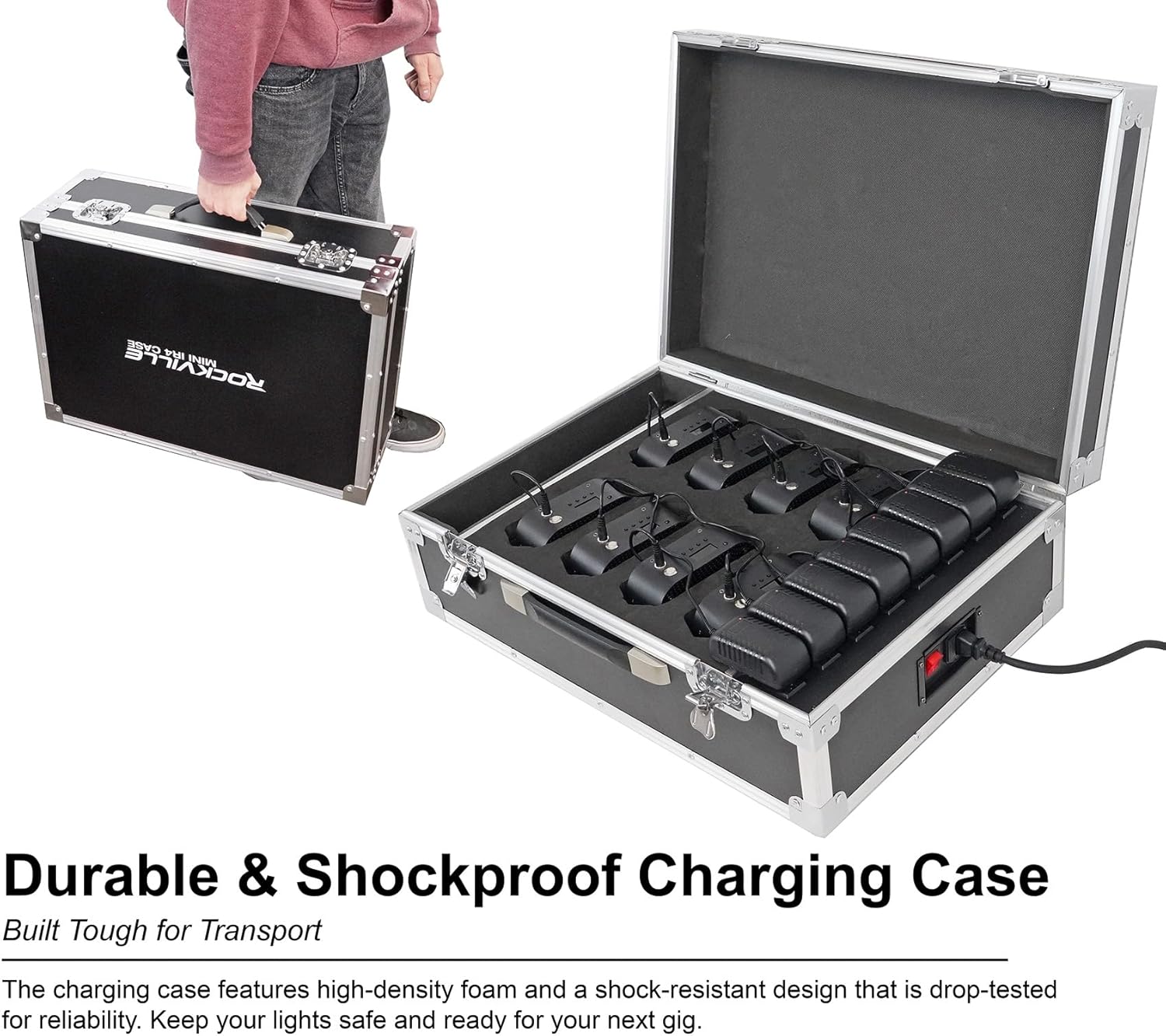 Rockville MINI IR4 Charge Package (8) 12W DJ Par Wash Up Lights + Charging Case, RGBWA+UV, App Control, Wireless DMX, Rechargeable Battery, for DJ Events and Parties