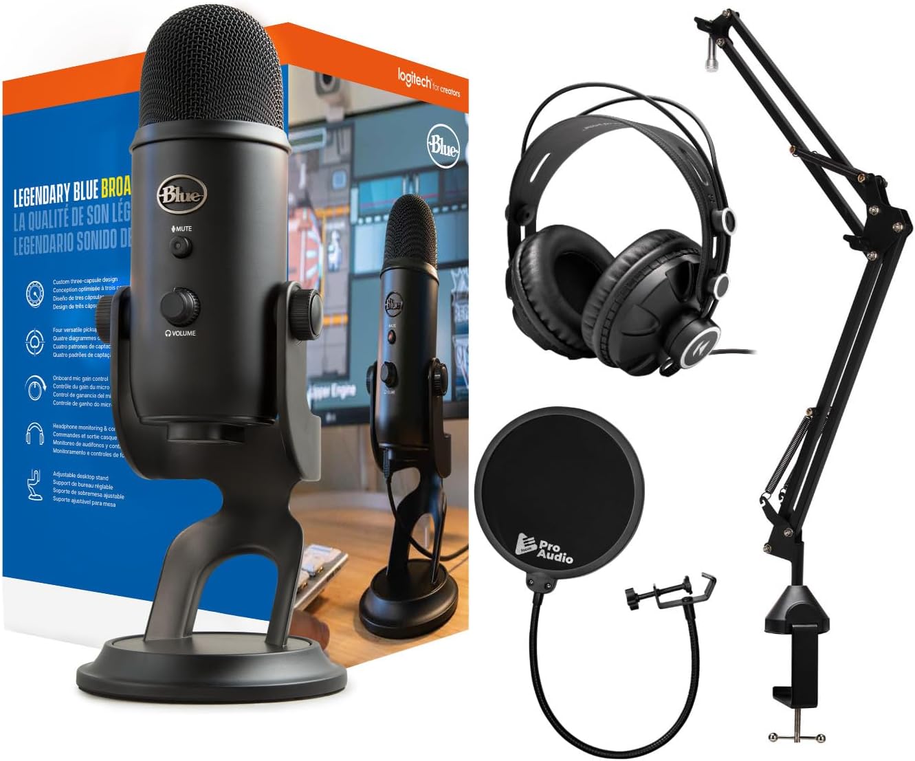 Blue Microphones Yeti Blackout USB Microphone Bundle with Desktop Boom Arm Microphone Stand, Closed-Back Studio Monitor Headphones and Pop Filter (4 Items)
