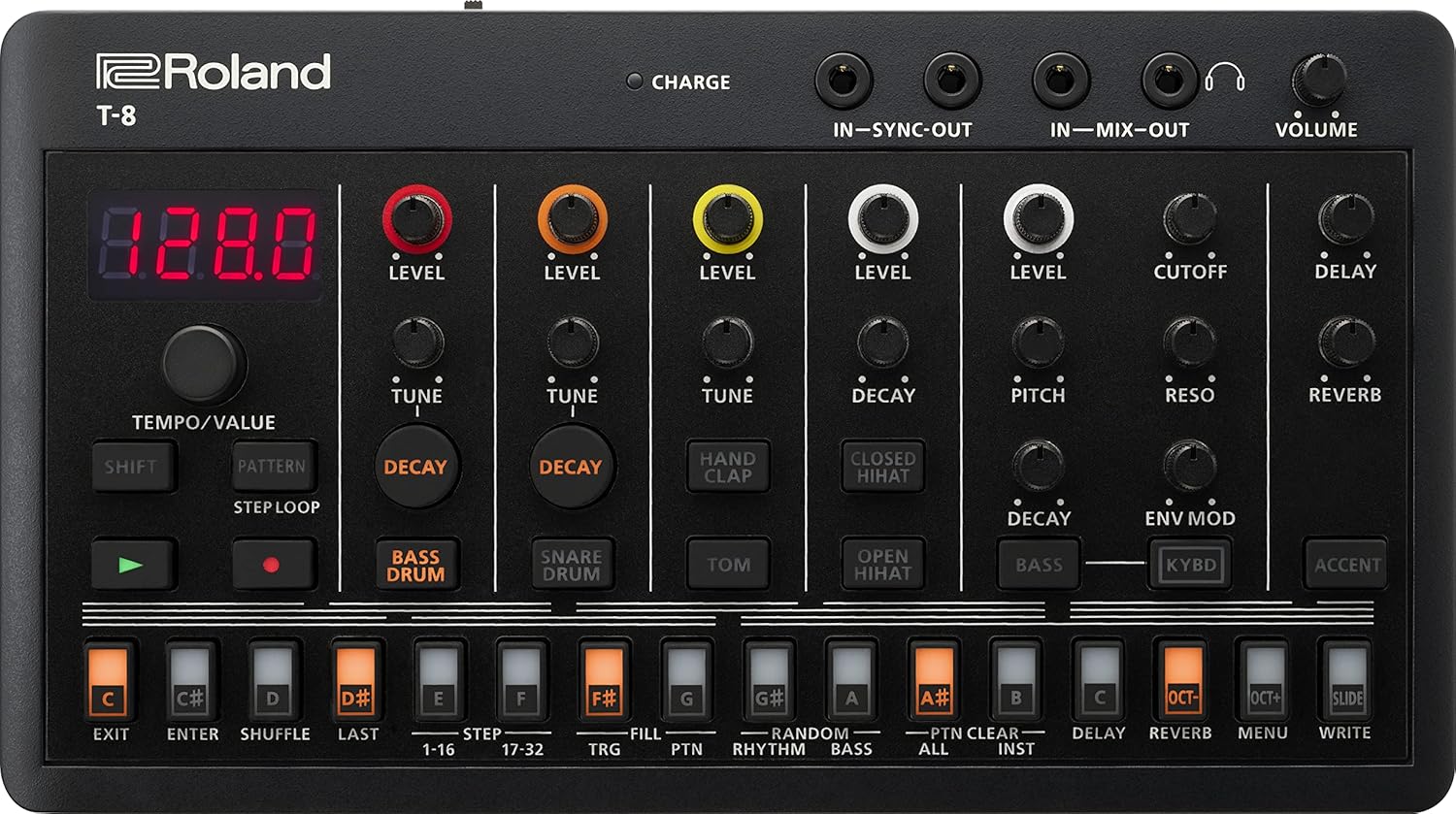 Roland AIRA Compact T-8 Beat Ultra-Portable Bass Machine Sounds | TR-REC Drum Sequencer | Hosa 3.5 mm TS Patch Cables, 1 Foot