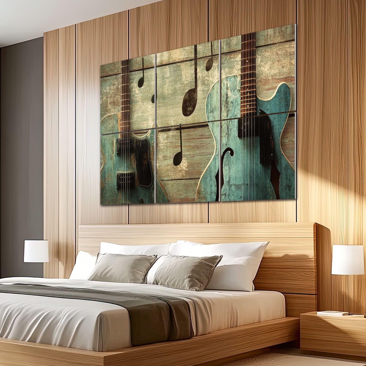 6 Pack Art Acoustic Panels Sound Absorbing Modern Blue Guitar Musical Themed Electric Guitars Notes Wooden Decorative Soundproof Wall Panels Self Adhesive for Recording Studios Office 72