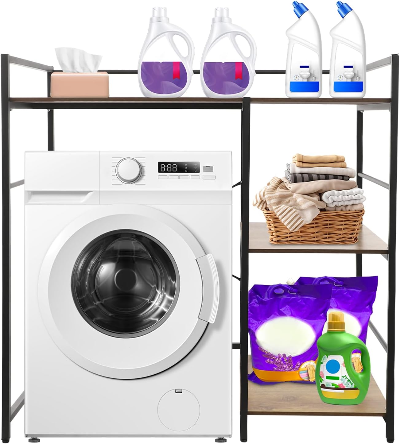3-Tier Washing Machine Storage Shelf, Heavy-Duty Laundry Room Storage Organizer with 3 Shelves and Footpads, Bathroom Washer Dryer Storage Shelf for Placing Drum Washing Machines, Dryers