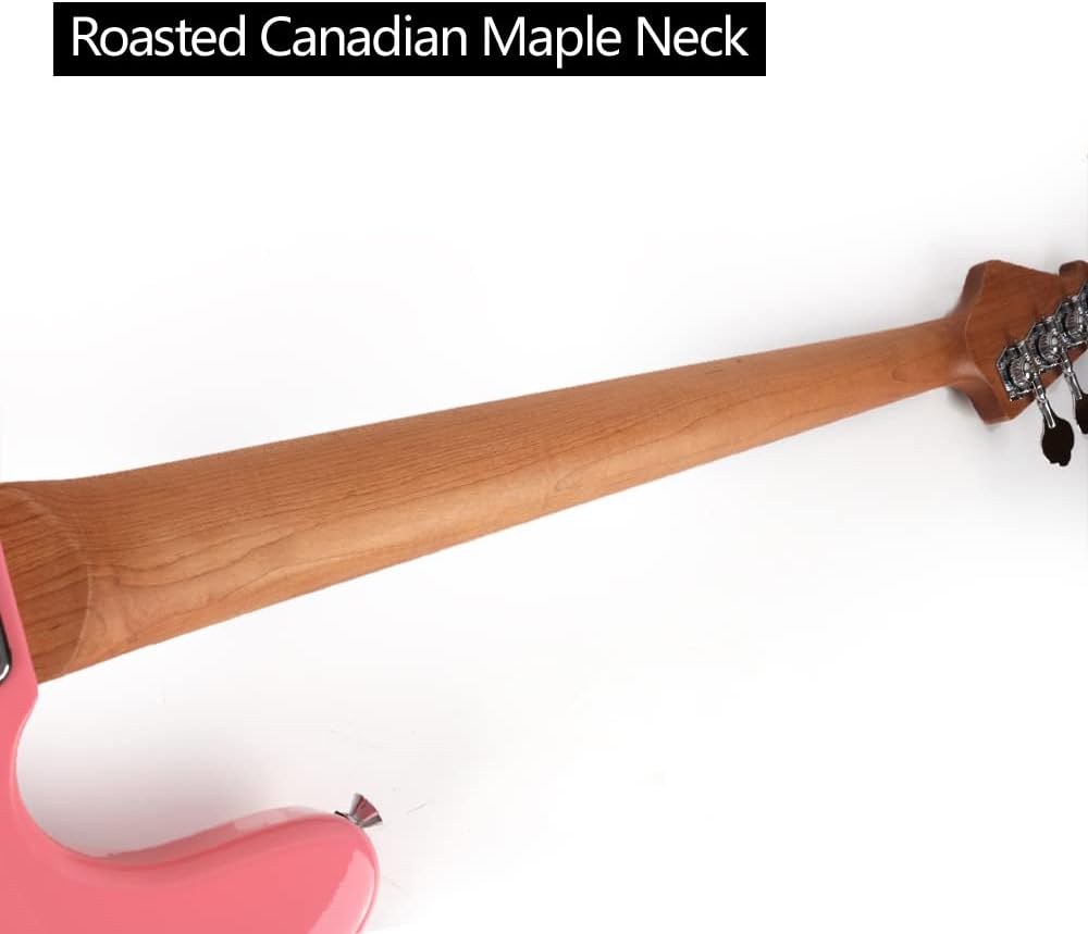 Fojill Full Size Standard Electric Bass Guitar Four 4 String Right Hand Handed Basswood Body Roasted Canadian Maple Neck Genuine Rosewood Fretboard Fingerboard with Gig Bag (Pink)