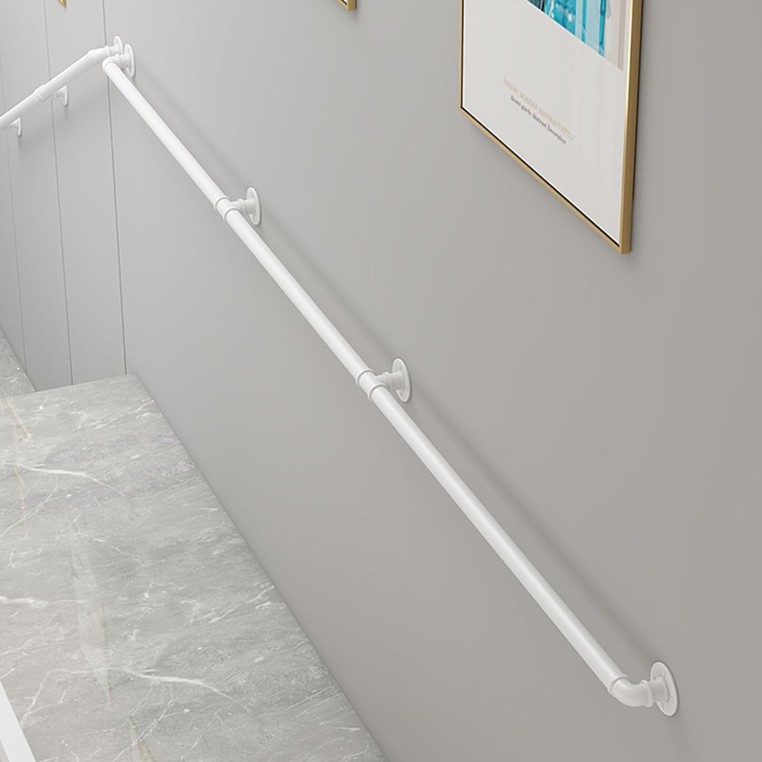 Modern Staircase Handrail with Wall Mount Support Round Corner Pipe Banister Metal Iron Grab Bar Safety Hand Railing Indoor Outdoor Stair Porch Deck Hand Rail, White (Size : 9ft) (16.4ft)
