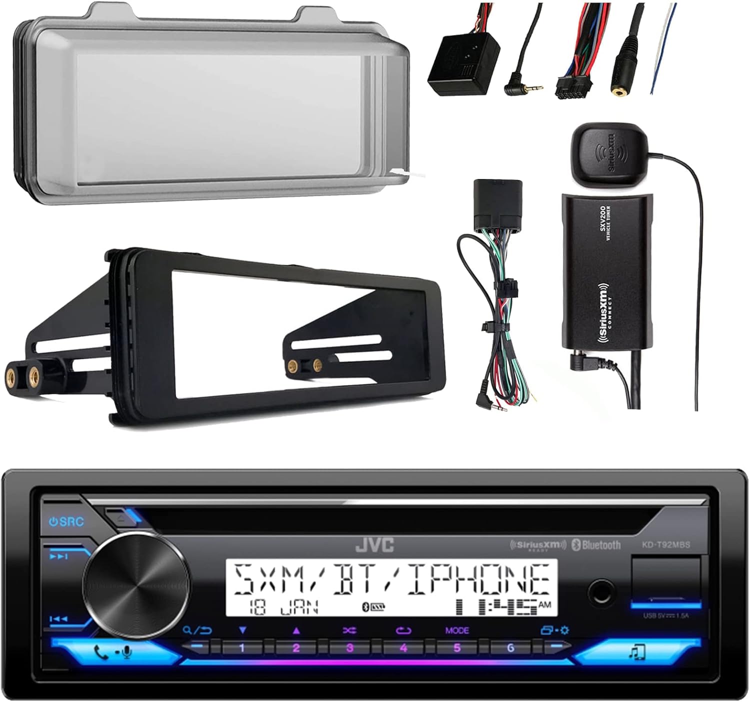 JVC KD-T92MBS Single DIN Marine Bluetooth USB AUX Stereo CD Player Receiver Bundle w with Install Kit, Satellite Radio Kit, Handlebar Control Interface, Radio Cover (Fits Select 98-13 HD Motorcycles)