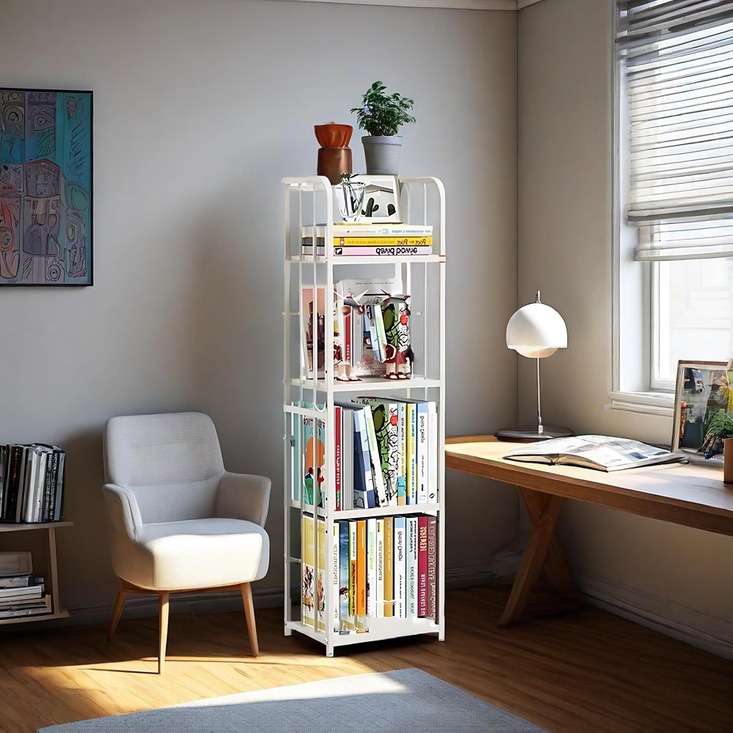 Vertical Bookshelf Tower, Modern Open Metal Bookcase, Corner Standing Shelf, Multipurpose Display Storage Rack, Adjustable Foot Pads, for Living Room, Home, Office(116cm/45.7in)