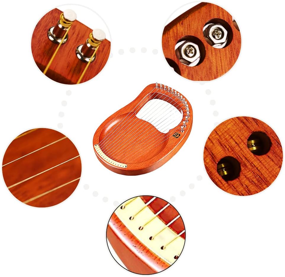 16-String Wooden Lyre Harp Metal Strings Mahogany Solid Wood String Instrument with Carry Bag Tuning Wrench Cleaning Cloth Strings