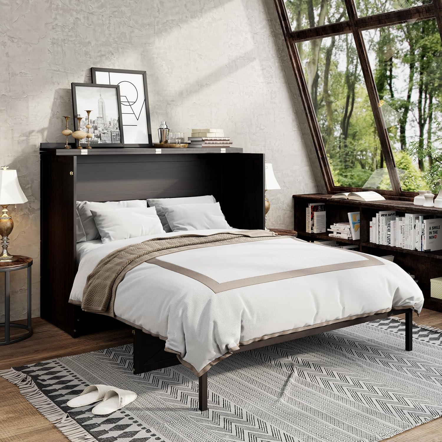 Merax Queen Size Murphy Bed Cabinet with Charging Station and Storage Drawer, Wooden Foldable Platform Bed Frame for Home Office Small Room, Brushed Espresso