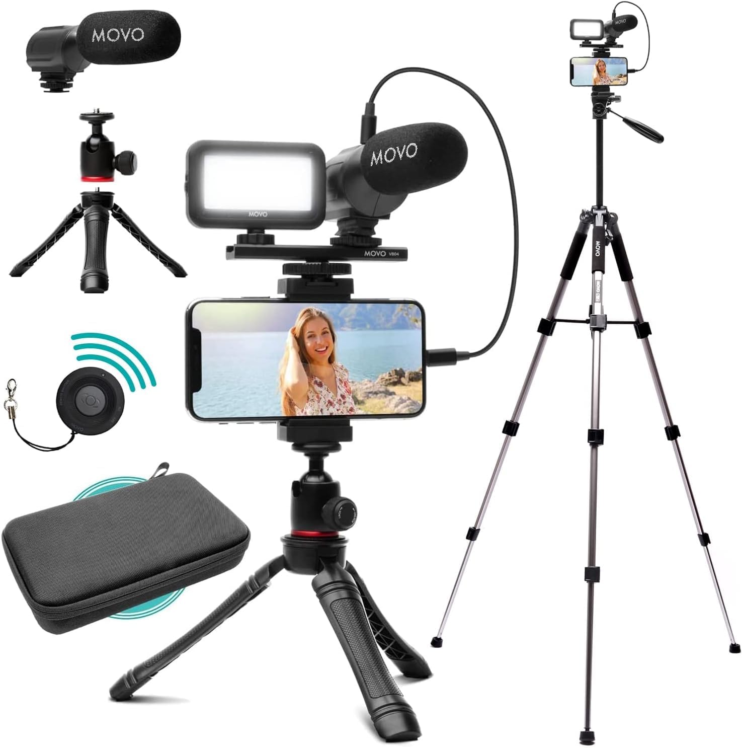 Movo iVlogger Vlogging Kit for iPhone with Fullsize Tripod - Lightning Compatible YouTube Starter Kit for Content Creators - Accessories: Tripods, Phone Mount, LED Light and Shotgun Mic