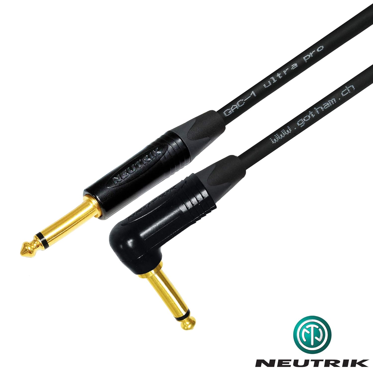 WORLDS BEST CABLES 50 Foot - Gotham GAC-1 Ultra Pro - Premium Low-Cap (21 pf/F) Guitar Bass Instrument Cable – w/Neutrik Gold Straight to Angled ¼ inch (6.35mm) TS Connectors - Custom Made