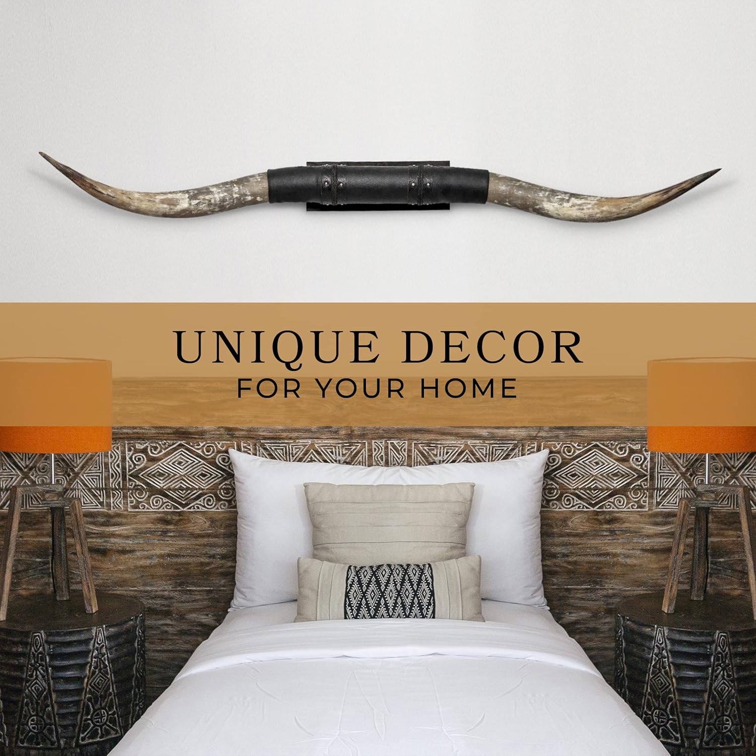 Skull Bliss - Authentic Real Bull Longhorn/Black Leather Horn Mount - Steer Horns/Unique Wall Hangings and Longhorn Wall Decor (Standard Horns)