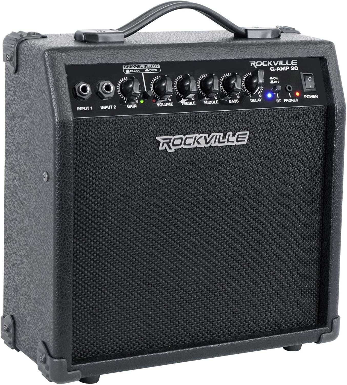 Rockville G-AMP 20 Bundle: 20 Watt Dual Input Guitar Amplifier Combo with Bluetooth and Delay, PRO-M50 Studio Headphones with Case and Extra Ear Pads, 2-Items