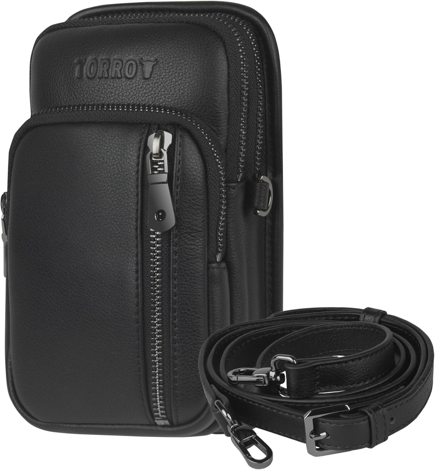 TORRO Leather Phone Case – Genuine leather shoulder bag with adjustable landyard strap and secure zipped compartments