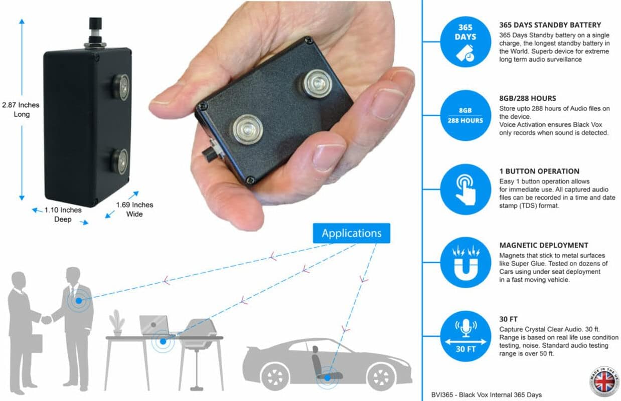 Black VOX 160 Day Voice Activated Recorder w/ 30 Ft Range & Magnetic Housing - Includes Internal Mic + 160 Day Battery