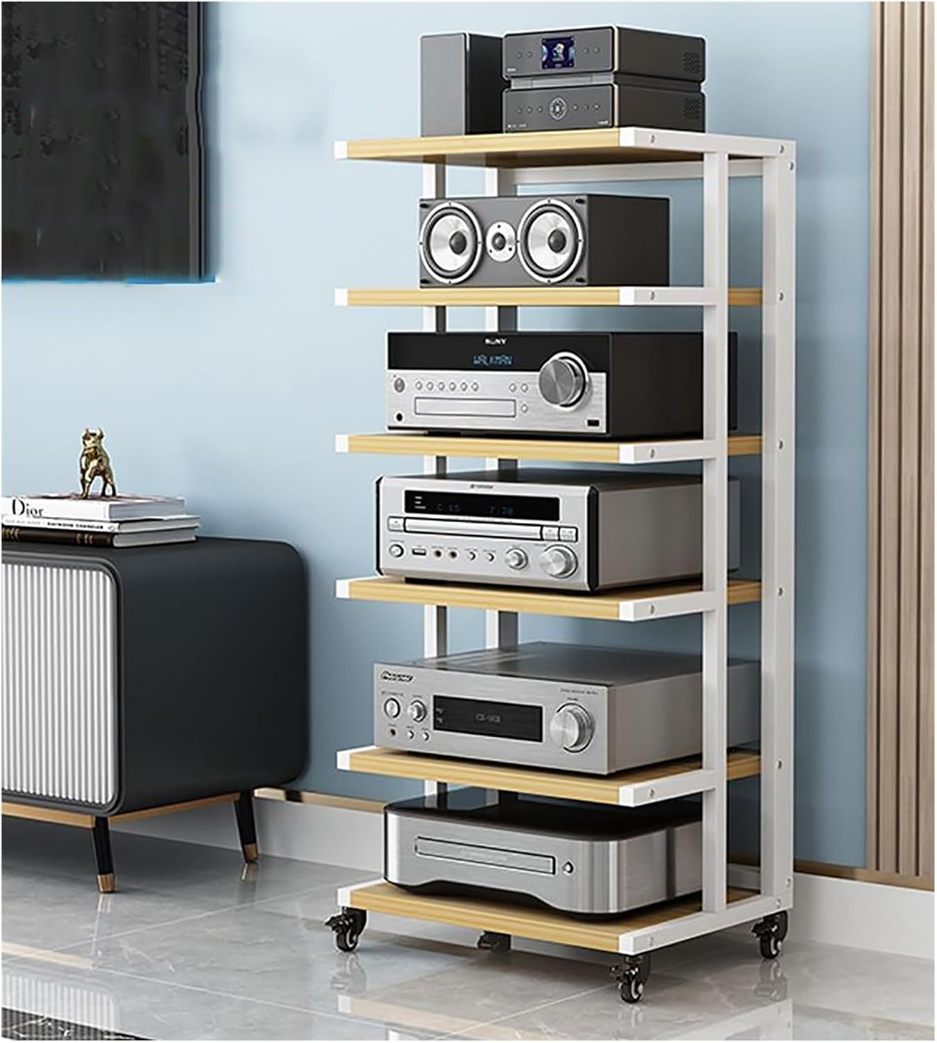 Corner Stereo Stands for Living Room, 6-Tier Media Stand for Home Theater/Bedroom/Office, Mobile Wooden Stereo Cabinet Audio Rack, for Amplifiers/Players/TV Accessories,6 Layer/No Drawers #C