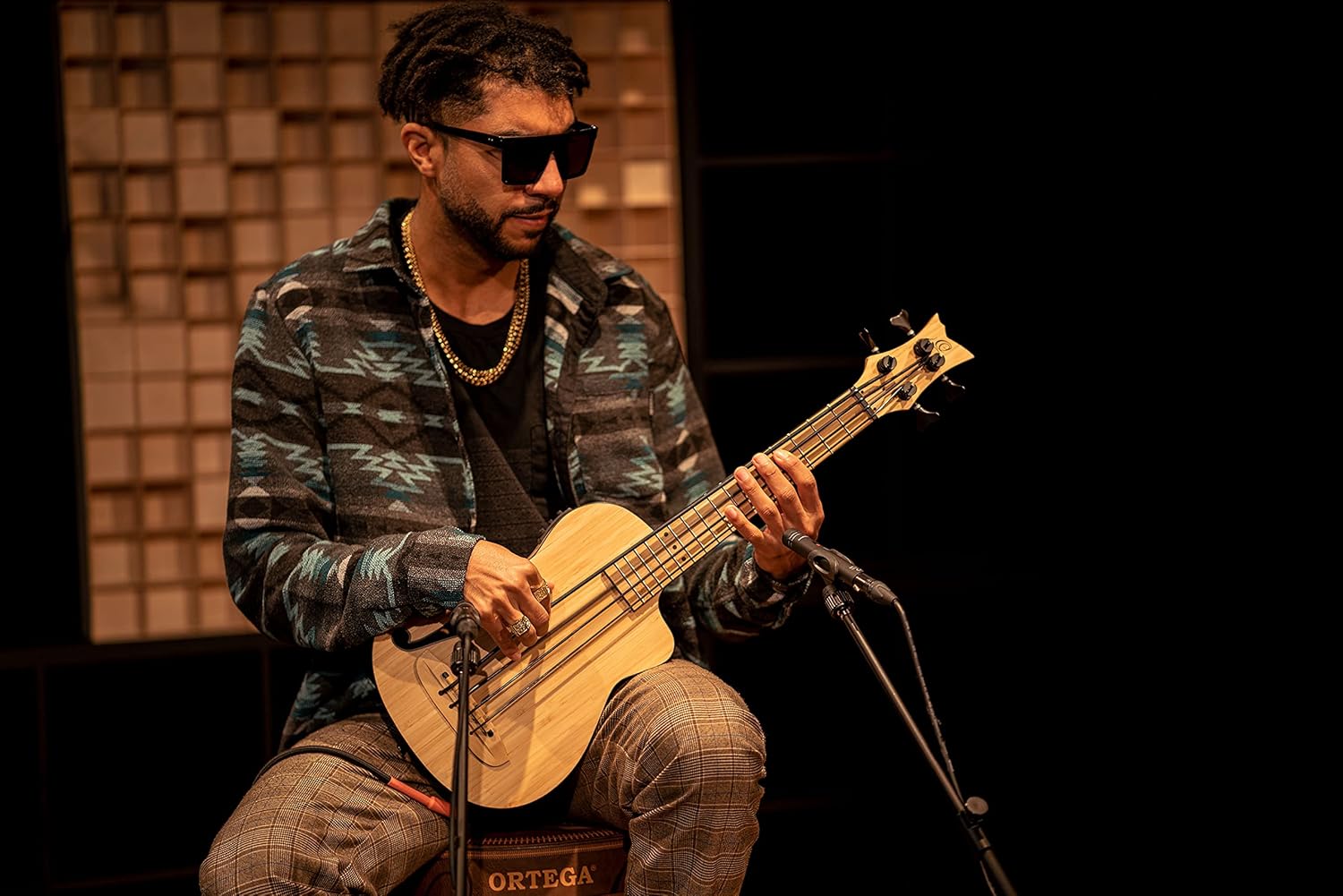 Ortega Guitars 4 String Bamboo Series All Solid Acoustic-Electric Uke-Bass w/Bag, Right-handed, Natural, (RUNAB-UB)