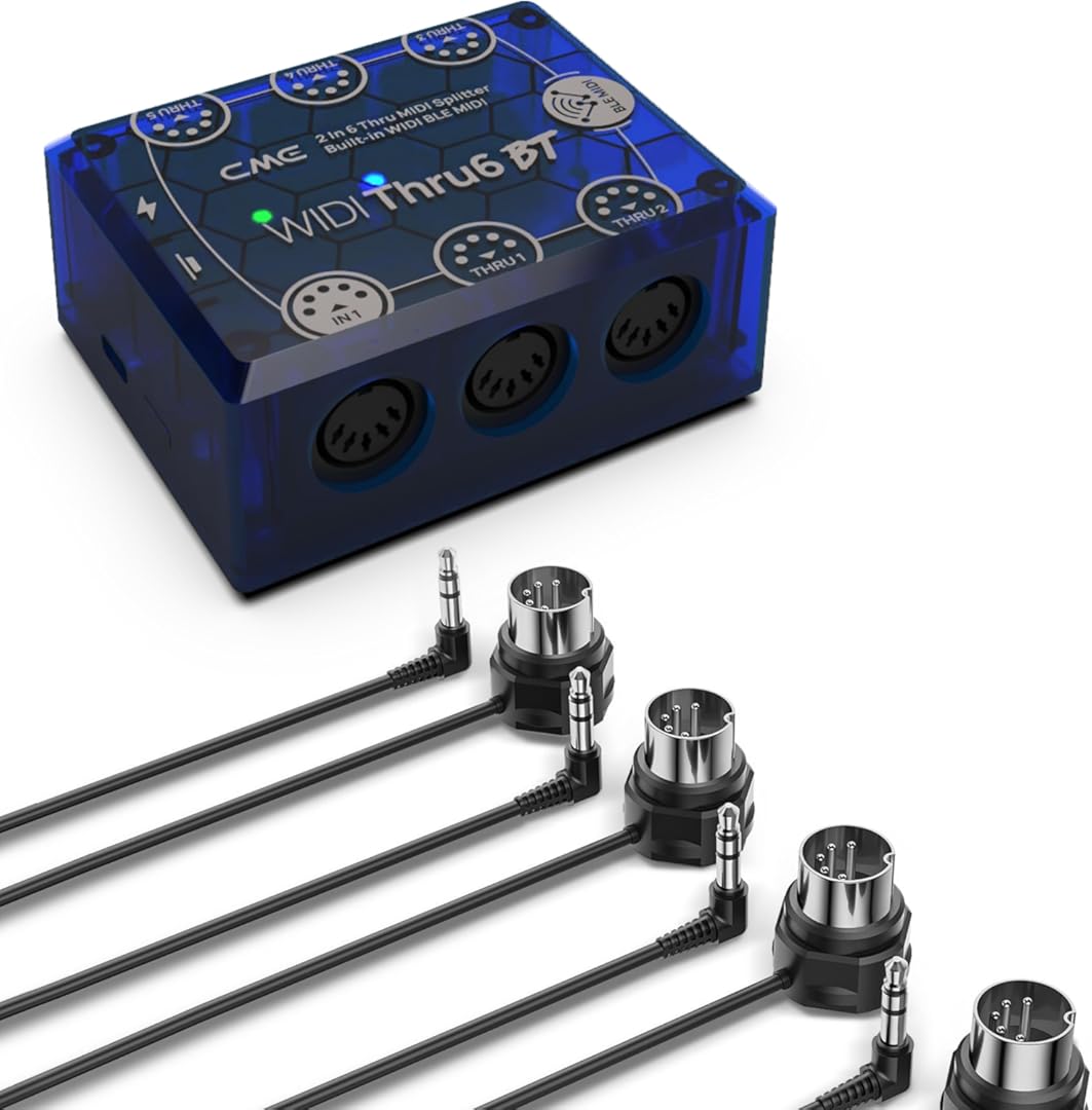 CME WIDI Thru6 BT + 4-Pack 2-FT TRS MIDI Cables - 2-in-6-out MIDI Thru/Split with 5-pin DIN and Bluetooth MIDI + 4-Pack TRS 3.5 Type A Low-Profile MIDI cables