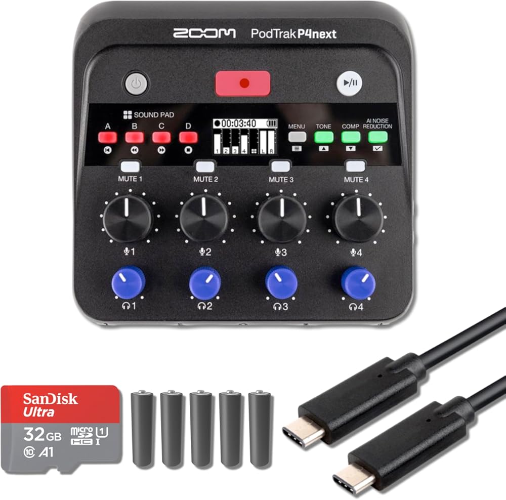 Zoom PodTrak P4next Audio Interface with USB 3.0 Type C Cable, microSD Card, and 5x AA Batteries