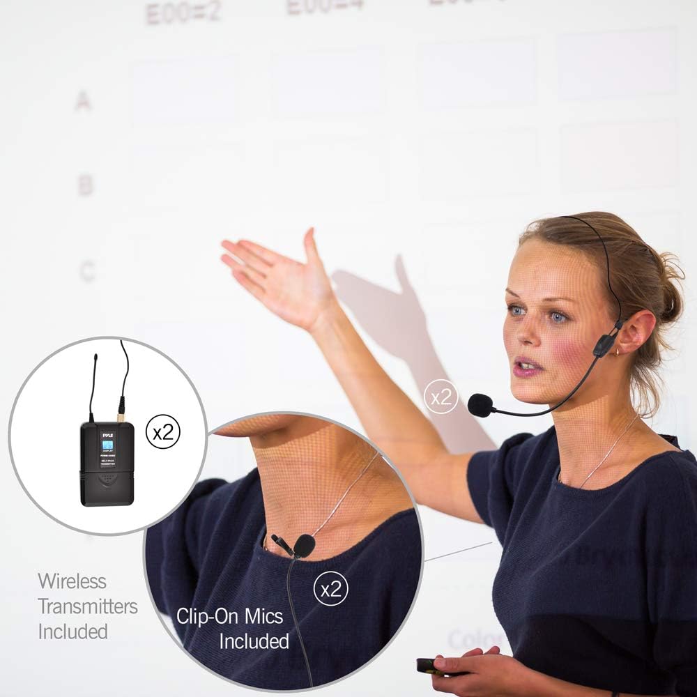 Pyle Upgraded Wireless Microphone System - 4-Channel UHF, Adjustable Frequency, Includes (2) Handheld Mics, (2) Beltpack Transmitters, (2) Lavalier Mics & (2) Headset Mics - PDWM4350U